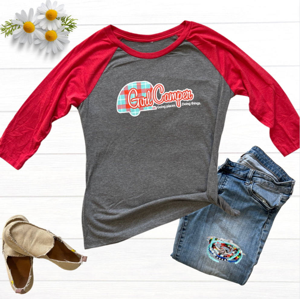 Women's Baseball 3/4 Sleeve Girl Camper T-Shirt Red