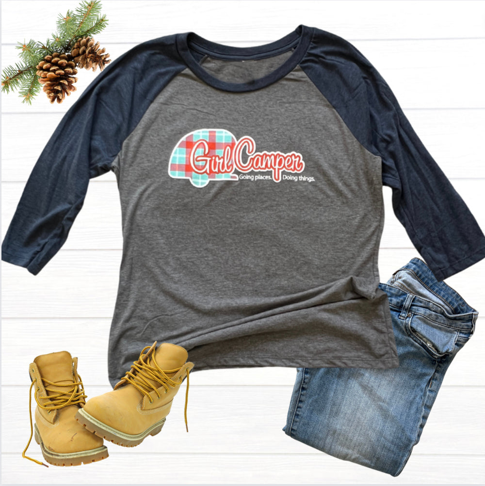 Women's Baseball 3/4 Sleeve Girl Camper T-Shirt Navy