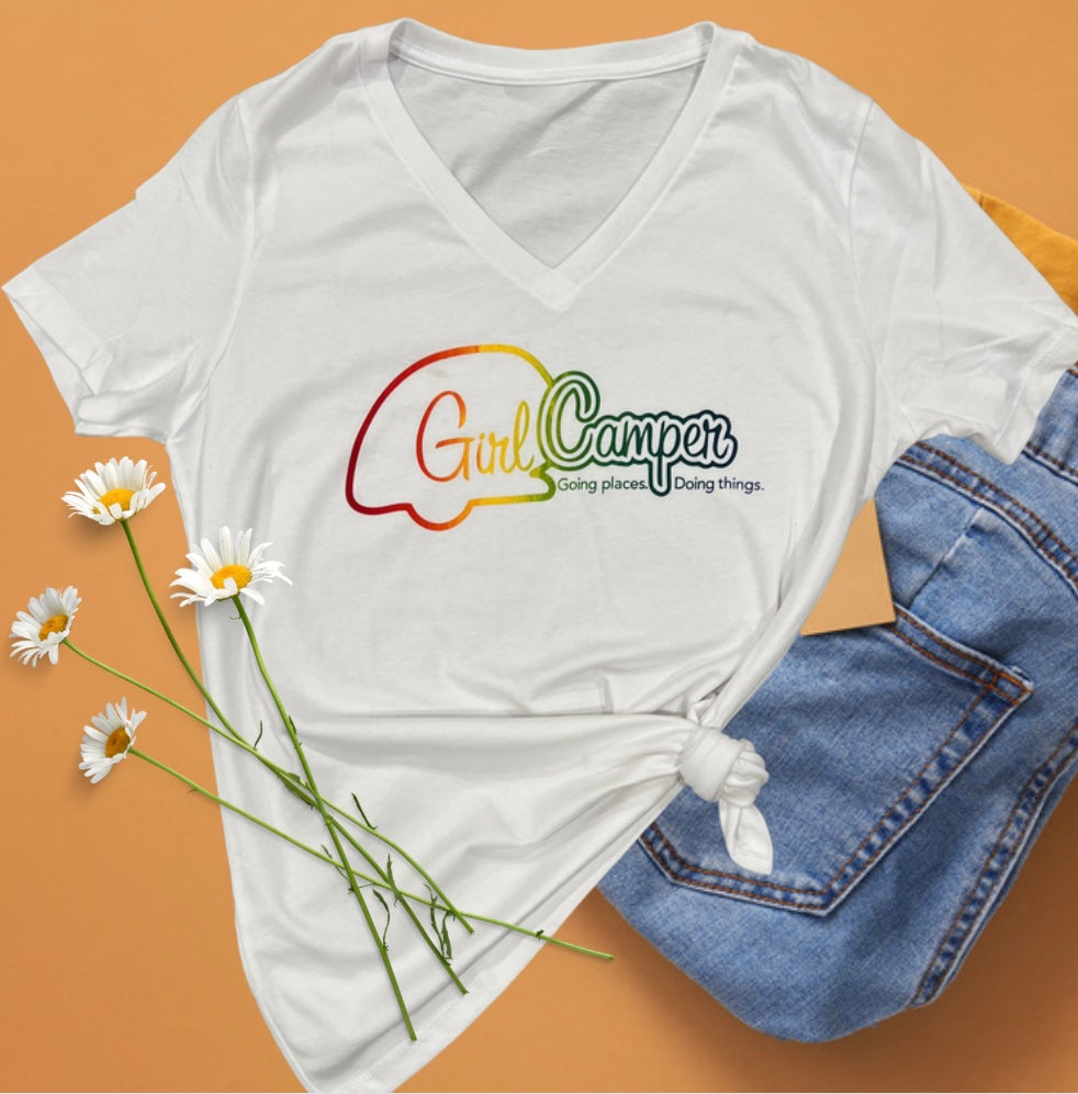 Multi Color GC Logo - Short Sleeve V-Neck T-Shirt-White
