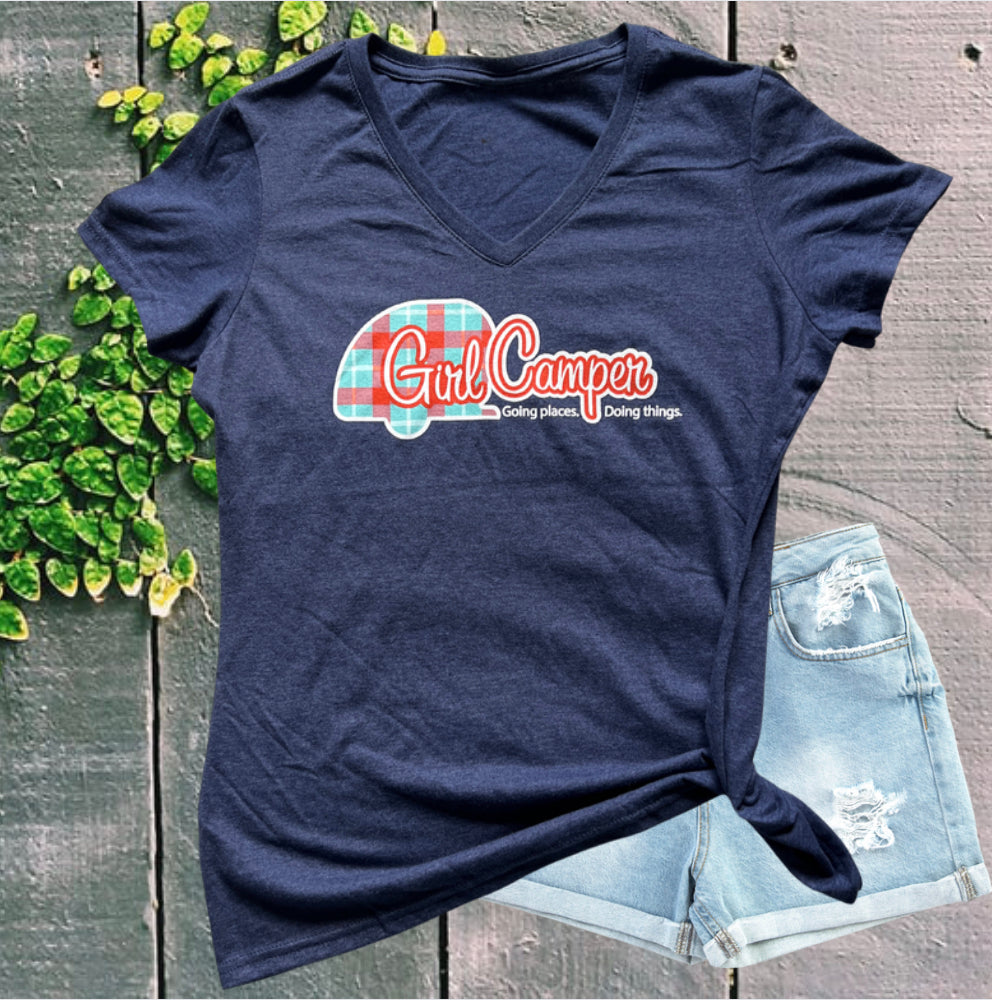Navy Girl Camper Plaid Logo Women's T-Shirt