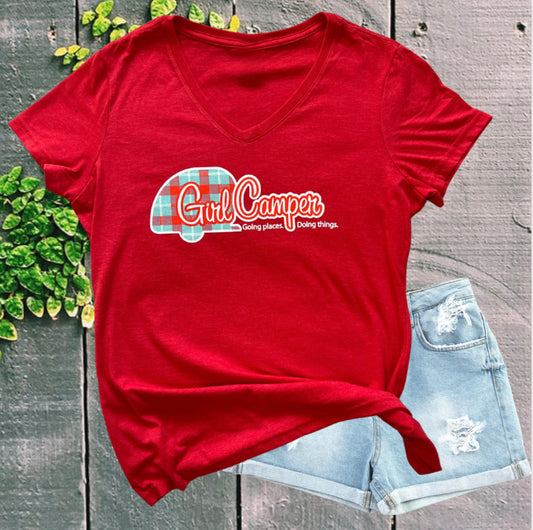Red Girl Camper Plaid Logo Women's T-Shirt